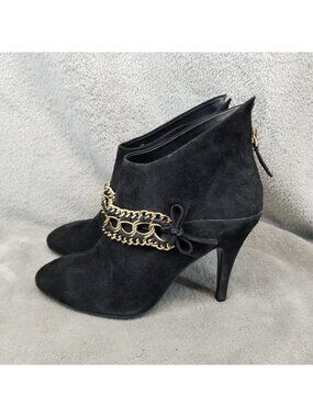 B Makowsky Shoes Womens Size 8 Holly Black Suede Gold Chain Ankle Boots *Read*
